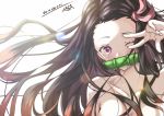  1girl absurdres artist_name bare_shoulders black_hair breasts collarbone hair_ornament highres kamado_nezuko kimetsu_no_yaiba long_hair looking_at_viewer medium_breasts mike3284 multicolored_hair no_shirt one_eye_closed pink_ribbon ribbon signature simple_background solo v_over_eye violet_eyes w white_background 