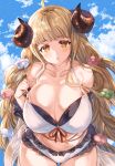  ahoge anila_(granblue_fantasy) bikini blonde_hair breasts draph eno_yukimi front-tie_top granblue_fantasy highres horns large_breasts long_hair looking_at_viewer sheep_horns short_eyebrows solo swimsuit white_bikini yellow_eyes 