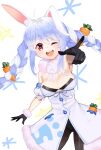  1girl ;d absurdres ahoge animal_ear_fluff animal_ears black_gloves black_leotard blue_hair braid breasts bunny-shaped_pupils carrot carrot_hair_ornament coat don-chan_(usada_pekora) food_themed_hair_ornament fur_trim gloves hair_ornament highres hololive leotard long_hair looking_at_viewer multicolored_hair obu_(da1103ll) one_eye_closed open_mouth pocket pointing pointing_at_viewer rabbit_ears rabbit_girl red_eyes round_teeth short_eyebrows small_breasts smile solo star_(symbol) strapless_coat teeth twin_braids twintails two-tone_hair usada_pekora virtual_youtuber white_background white_coat white_hair 