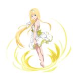  1girl alice_schuberg bangs barefoot blonde_hair blue_eyes braid braided_ponytail casual dress floating_hair from_side full_body hair_between_eyes hair_intakes hair_over_shoulder hair_ribbon hairband highres layered_dress long_hair looking_at_viewer official_art parted_lips ribbon shiny shiny_hair short_dress sleeveless sleeveless_dress solo standing sundress sword_art_online sword_art_online:_memory_defrag transparent_background very_long_hair white_dress white_hairband white_ribbon 