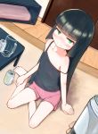  1girl 1other bangs barefoot beer_can beer_mug black_camisole black_hair blunt_bangs blush camisole can cup drunk feet flat_chest green_eyes highres indoors long_hair looking_at_viewer mug on_floor original pink_shorts pov santyoku short_shorts shorts sitting smile strap_slip table toes 