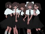  5girls bangs black_background black_hair black_neckwear black_skirt brown_hair collared_shirt earrings feet_out_of_frame hand_on_hip hand_up hands_together highres inata17ta jewelry long_hair medium_hair multiple_girls necktie open_mouth original ponytail puffy_short_sleeves puffy_sleeves shirt short_sleeves simple_background skirt swept_bangs tears twintails white_shirt 