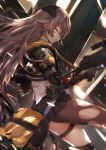  1girl artist_name bag bangs black_jacket black_legwear black_skirt brown_hair cowboy_shot crossed_bangs duct_tape english_commentary flashbang girls_frontline gun h&amp;k_ump h&amp;k_ump45 headgear highres holding holding_gun holding_weapon hood hood_down hooded_jacket jacket long_hair looking_at_viewer mechanical_arm mod3_(girls_frontline) necktie nekoya_(liu) one_eye_closed pleated_skirt prosthesis prosthetic_arm shirt single_leg_pantyhose skirt solo submachine_gun thigh_strap torn_clothes torn_legwear trigger_discipline ump45_(girls_frontline) weapon white_shirt yellow_eyes yellow_neckwear 