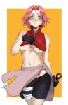  1girl bandaged_leg bandages bare_shoulders black_gloves blush breasts closed_mouth facial_mark gloves green_eyes haruno_sakura headband highres holding holding_weapon kunai lifted_by_self naruto naruto_(series) navel pink_hair short_hair solo two-tone_background weapon zako8211 zipper zipper_pull_tab 