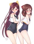  2girls angry bow brown_hair cosplay cowboy_shot crop_top drill_hair embarrassed hair_bow harukaze_(kantai_collection) highres i-14_(kantai_collection) i-14_(kantai_collection)_(cosplay) kamikaze_(kantai_collection) kantai_collection kinsenka_momi long_hair multiple_girls one-piece_swimsuit open_mouth purple_hair red_bow red_eyes ro-500_(kantai_collection) ro-500_(kantai_collection)_(cosplay) school_swimsuit simple_background swimsuit twin_drills upper_teeth violet_eyes white_background yellow_bow 