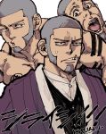  1boy bara beard black_eyes chun_(luxtan) collage collarbone derivative_work facial_hair golden_kamuy japanese_clothes kimono looking_at_viewer male_focus manly multiple_views muscle shaved_head shiraishi_yoshitake simple_background sweatdrop toned toned_male upper_body 