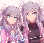  2girls blue_eyes breasts cape crossed_arms enni eyebrows_visible_through_hair grey_eyes hair_down head_wings medium_breasts melia multiple_girls no_hat no_headwear pointy_ears siblings silver_hair simple_background sisters smile tyrea_(xenoblade) upper_body xenoblade_(series) xenoblade_1 
