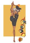  1girl absurdres bangs barefoot black_bodysuit black_hairband blue_eyes bodysuit breasts collarbone commentary_request covered_navel dark_skin falinks full_body gen_8_pokemon grey_hair gym_leader hairband hands_on_feet highres knee_pads pokemon pokemon_(creature) pokemon_(game) pokemon_swsh ppangkkaru saitou_(pokemon) short_hair skin_tight split standing standing_on_one_leg standing_split toes two-tone_background 