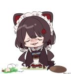  1girl akym animal_ears black_hair cherry chibi closed_eyes dog_ears dog_hair_ornament drinking_straw flower food frown fruit full_body hair_flower hair_ornament highres ice_cream inui_toko long_hair low_twintails maid_headdress nijisanji simple_background solo standing tray twintails twitter_username virtual_youtuber wa_maid white_background wrinkled_frown_(detective_pikachu) 