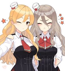  2girls :&lt; blonde_hair blush bow bowtie braid breasts brown_eyes corset french_braid grey_hair hair_between_eyes hat kantai_collection kinsenka_momi large_breasts long_hair long_sleeves mini_hat miniskirt multiple_girls one_eye_closed pola_(kantai_collection) shirt skirt smile tilted_headwear wavy_hair white_shirt zara_(kantai_collection) 