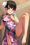  1girl absurdres bangs bare_legs barefoot black_hair blush breasts brown_eyes bun_cover china_dress chinese_clothes dress eyebrows_visible_through_hair floral_print hair_bun hand_up highres knee_up looking_at_viewer matsunaga_kouyou nose_blush open_mouth original print_dress short_sleeves side_bun small_breasts solo standing upper_teeth 