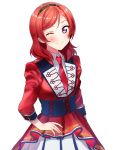  1girl corset dress hand_on_hip highres long_sleeves looking_at_viewer love_live! love_live!_school_idol_project medium_hair naarann nishikino_maki one_eye_closed red_dress redhead simple_background smile solo violet_eyes white_background 