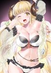  1girl ;o ahoge anila_(granblue_fantasy) armpits bikini blonde_hair blush breasts draph front-tie_top granblue_fantasy half-closed_eyes hand_to_own_mouth highres horns large_breasts long_hair looking_at_viewer one_eye_closed open_mouth pelosuke_desu sheep_horns short_eyebrows sleepy solo swimsuit white_bikini yawning yellow_eyes 