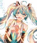 1girl ahoge bangs blue_eyes blue_hair cowlick detached_sleeves hair_between_eyes hands_together hatsune_miku long_hair looking_up mio_(matcha) necktie open_mouth smile solo twintails upper_body vocaloid 