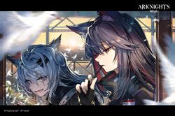  2girls :d animal_ear_fluff animal_ears arknights bangs black_hair black_jacket brown_eyes eyebrows_visible_through_hair food gloves grey_eyes hair_between_eyes hair_ornament hairclip highres holding holding_food jacket lappland_(arknights) letterboxed long_hair long_sleeves looking_at_viewer mephist-pheles multiple_girls open_mouth pocky redhead scar scar_across_eye silver_hair smile texas_(arknights) watermark wolf_ears 