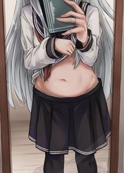  1girl black_legwear head_out_of_frame hibiki_(kantai_collection) highres holding indoors kantai_collection kuuru_(kuuru-n) lifted_by_self long_hair long_sleeves navel neckerchief pleated_skirt school_uniform serafuku shirt_lift silver_hair skirt stomach thigh-highs 