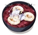  1girl antenna_hair bangs bowl chibi commentary_request eating food hair_between_eyes hair_ornament in_bowl in_container in_food kizuna_akari long_hair milkpanda minigirl mochi shadow silver_hair solo soup star_(symbol) translation_request voiceroid white_background |_| 