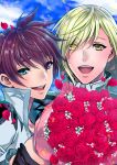  2boys :d asbel_lhant blue_eyes blue_sky bouquet brown_hair clouds cloudy_sky eyes_visible_through_hair flower green_hair heterochromia looking_at_viewer male_focus multiple_boys open_mouth red_flower red_rose richard_(tales) rose sky smile tales_of_(series) tales_of_graces upper_body usagi_nagomu violet_eyes yellow_eyes 