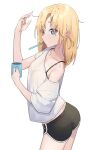  1girl black_bra black_shorts blonde_hair blue_eyes blush bra brushing_teeth casual cowboy_shot cup fingernails hand_up highres holding holding_cup hololive hololive_english looking_at_viewer mug off_shoulder shirt short_shorts shorts simple_background solo syhan t-shirt toothbrush_in_mouth translucent_shirt underwear waking_up watson_amelia white_background white_shirt 