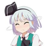  1girl aqua_vest ascot black_hairband black_neckwear cato_(monocatienus) closed_eyes commentary_request eyebrows_visible_through_hair frown hairband konpaku_youmu motion_lines portrait shaking_head shirt short_hair short_sleeves silver_hair simple_background solo sweat touhou white_background white_shirt 