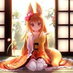  1girl animal_ears between_legs brown_eyes brown_hair flower fox_ears fox_tail hair_flower hair_ornament hand_between_legs hand_up igni_masayoshi indoors japanese_clothes kimono long_hair looking_at_viewer mimikaki original pantyhose seiza sitting sliding_doors solo tail tatami white_legwear 