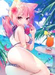  1girl animal_ears armpit_crease ass bare_shoulders bikini breasts cat_ears cup day drinking_glass flower food food_in_mouth hair_flower hair_ornament halter_top halterneck hibiscus highres holding hurricane_glass kawachi_rin long_hair looking_at_viewer medium_breasts ocean original outdoors pink_hair popsicle red_eyes sitting solo striped striped_bikini sunlight swimsuit twintails water 