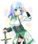  bare_shoulders blue_hair fantasy_earth_zero green_eyes green_hair hamamo headband simple_background standing sword thigh-highs thighhighs weapon 