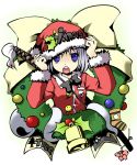  blue_eyes christmas flower ghost hat hitodama holly kannaduki kannaduki_hato kannazuki_hato konpaku_youmu konpaku_youmu_(ghost) santa santa_costume short_hair silver_hair simple_background sword touhou weapon wreath 