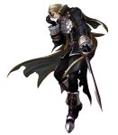  1boy black_gloves boots brooch cape formal frown glaring gloves highres holding holding_sword holding_weapon kawano_takuji knee_boots male official_art raphael_sorel rapier ruffles simple_background soul_calibur soulcalibur_iv sword vampire weapon white_background 