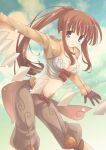  brown_eyes brown_hair card chuujou_kagetsu cleavage floating_card gloves long_hair ponytail ragnarok_online solo thief thief_(ragnarok_online) 