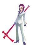  formal pant_suit pole_axe polearm red_eyes short_hair simple_background suit weapon weno 