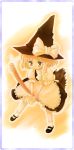  blonde_hair bow braid broom broom_riding buchiko hat hat_bow kirisame_marisa mary_janes monochrome shoes touhou witch_hat yellow yellow_eyes 