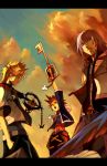  blue_eyes closed_eyes cloud clouds key keyblade kingdom_hearts kingdom_hearts_ii lowres male riku robert_kim roxas short_hair sky sora sora_(kingdom_hearts) weapon zipper 