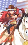  american_flag blue_eyes cowboy_hat cowgirl freckles gemini_sunrise gloves gun hat highres horse larry official_art red_hair redhead sakura_taisen sakura_taisen_v sword weapon western 