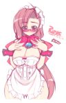  apron asymmetrical_bangs bangs bespectacled blush breast_squeeze breasts brown_hair cuff_links glasses huge_breasts large_breasts long_hair maid maid_headdress mel/a melmaid naked_apron original red_eyes ripre solo very_long_hair wide_hips 