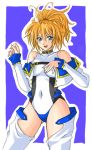  blue_eyes detached_sleeves excellen_browning long_hair ponytail smile super_robot_wars thigh-highs thighhighs 