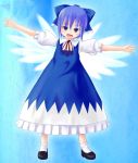  blue_dress blue_eyes blue_hair bow chipika cirno dress hair_bow jpeg_artifacts large_bow outstretched_arms short_hair solo spread_arms touhou wings 