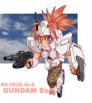  gun gundam gundam_08th_ms_team machine_gun mecha_musume red_hair redhead shield tank_top weapon 