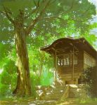  building bush forest grass house leaf nature no_humans realistic scenery shadow shide shimenawa shrine stairs tree 