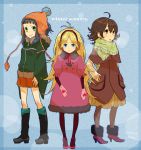  3girls blonde_hair blue_eyes blue_hair boots brown_hair coat earmuffs gloves green_eyes hat long_hair orange_eyes original pantyhose scarf short_hair skirt ukke 