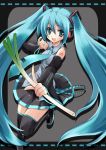  1girl blue_eyes blue_hair detached_sleeves hatsune_miku long_hair necktie open_mouth smile spring_onion standing_on_one_leg thighhighs twintails very_long_hair vocaloid yukiwo zettai_ryouiki 