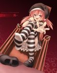  brown_eyes brown_hair chair christmas fang feet foreshortening hands hat merry_christmas one_shoe open_mouth original outstretched_arm raise_(ryo) reaching red_hair redhead ryo single_shoe sitting soles solo striped striped_legwear striped_thighhighs thigh-highs thighhighs twintails zettai_ryouiki 