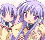  company_connection cosplay fujibayashi_kyou fujibayashi_kyou_(cosplay) fujibayashi_ryou fujibayashi_ryou_(cosplay) highres hiiragi_kagami hiiragi_tsukasa kyoto_animation lucky_star namamo_nanase parody purple_eyes purple_hair school_uniform siblings sisters tomoeda twins violet_eyes 