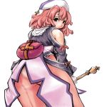  bare_shoulders bb blush breasts cross gloves hat huge_breasts la_pucelle looking_back mole nippon_ichi panties pantyhose pink_hair prier red_eyes red_hair redhead ribbon smile staff thighs underwear 