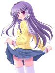  fujibayashi_kyou looking_back panties purple_hair school_uniform skirt skirt_lift striped_panties thighhighs underwear 