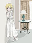  1girl blonde_hair blush_stickers closed_mouth curtains dress frilled_dress frills from_side hands_up highres kill_me_baby lampshade long_dress long_hair long_sleeves looking_at_viewer looking_to_the_side nadegata shoes solo sonya_(kill_me_baby) table twintails violet_eyes white_dress white_footwear 