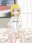  1girl between_legs blonde_hair blush_stickers hair_down hand_between_legs highres kill_me_baby long_hair looking_at_viewer nadegata naked_shirt on_bed painting_(object) parted_lips shirt short_sleeves simple_background sitting solo sonya_(kill_me_baby) violet_eyes 