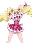  1girl :d absurdres anime_coloring arm_up bangs blonde_hair bow bustier choker collarbone cure_peach dearigazu2001 earrings eyebrows_visible_through_hair floating_hair fresh_precure! hair_between_eyes hair_ornament heart heart_earrings heart_hair_ornament highres jewelry long_hair looking_at_viewer miniskirt open_mouth pink_shirt precure red_bow red_choker red_eyes shiny shiny_hair shiny_skin shirt short_sleeves simple_background skirt smile solo standing very_long_hair white_background white_skirt wrist_bow 
