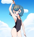  1girl :d arm_up armpits bangs blue_eyes blue_hair blush clouds collarbone commentary_request covered_navel day eyebrows_visible_through_hair gold_hairband hairband happy holding looking_at_viewer no_sclera one-piece_swimsuit open_mouth owlz pokemon pokemon_(game) pokemon_sm short_hair sky smile solo suiren_(pokemon) swimsuit trial_captain 