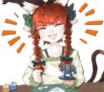  1girl ^_^ animal_ears bigcat_114514 braid cat_ears cat_girl cat_tail closed_eyes commentary dreadnought emphasis_lines english_commentary extra_ears fangs green_shirt hair_ribbon happy kaenbyou_rin miniature multiple_tails open_mouth paintbrush painting pointy_ears redhead ribbon shirt simple_background smile solo table tabletop_game tail touhou twin_braids twintails twitter_username ultramarines warhammer_40k white_background 